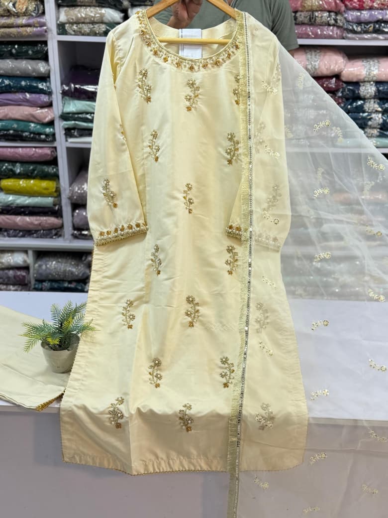 Cream katan silk 3 piece stitched suit with hand work and embroidered organza dupatta